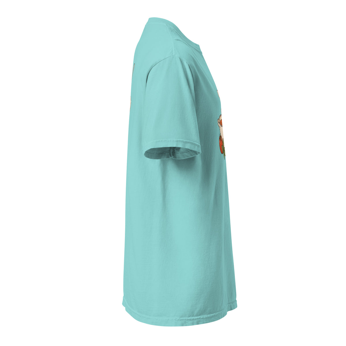 Right-side view of the noodle bowl heavyweight graphic t-shirt in lagoon blue