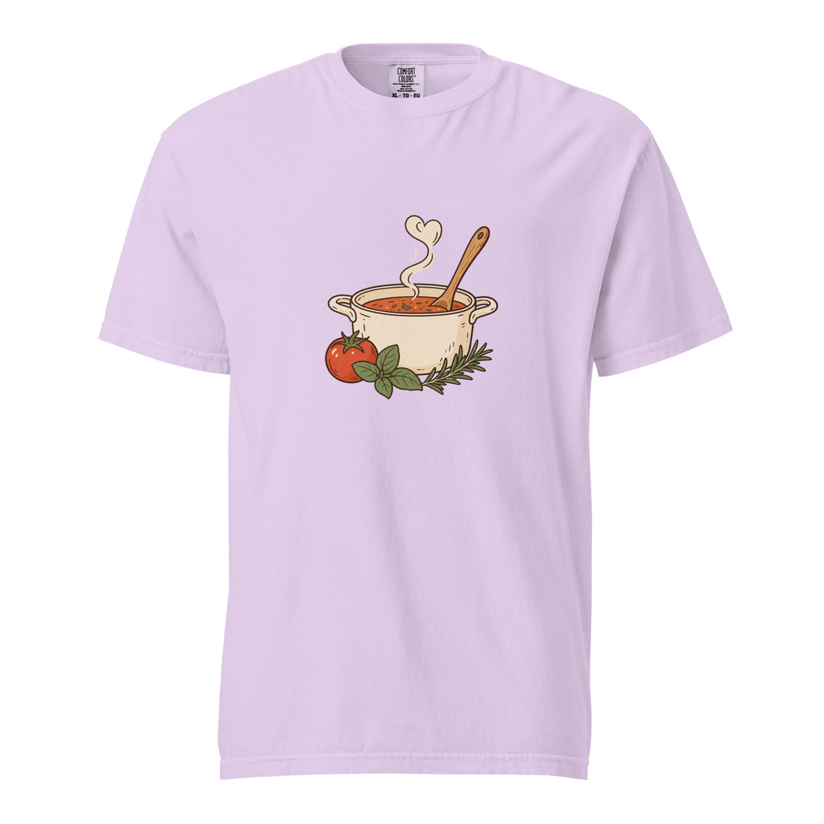 Front view of the noodle bowl heavyweight graphic t-shirt in orchid