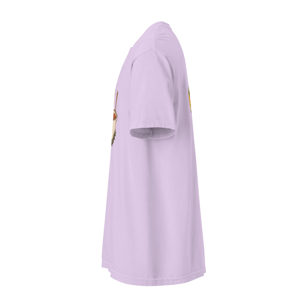 Left-side view of the noodle bowl heavyweight graphic t-shirt in orchid