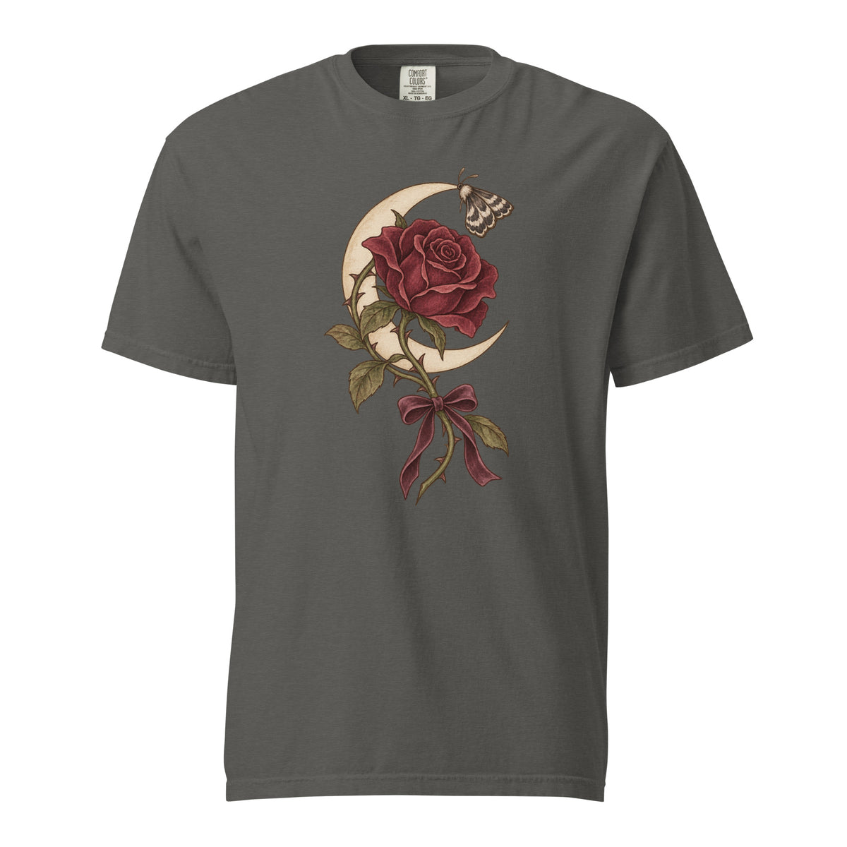 Rose & Crescent Moon Graphic T-Shirt in Pepper - Front View - Burgundy rose, crescent moon, moth and ribbon