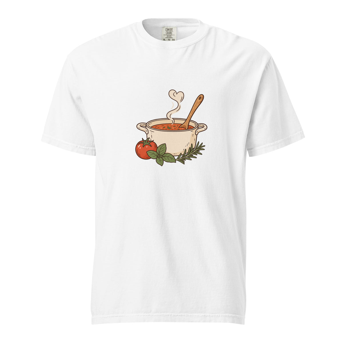 Front view of the noodle bowl heavyweight graphic t-shirt in white