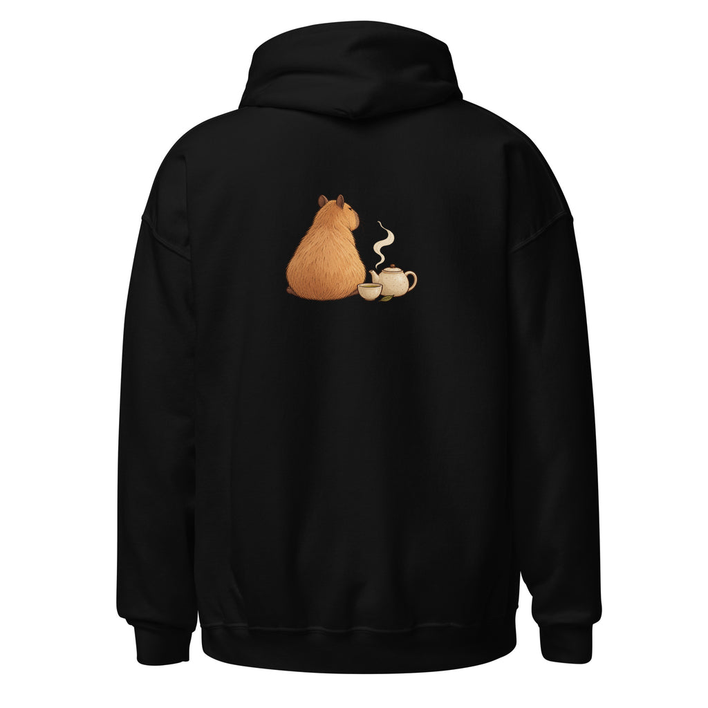Back view of the tea time animal graphic hoodie in black