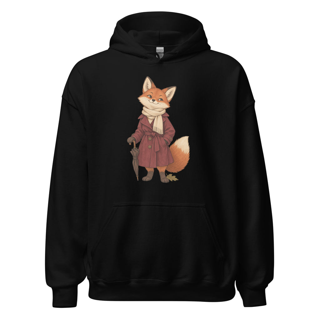 Black hoodie front with an orange fox in a burgundy coat holding an umbrella