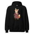 Black hoodie front with an orange fox in a burgundy coat holding an umbrella