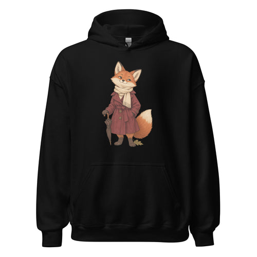 Black hoodie front with an orange fox in a burgundy coat holding an umbrella