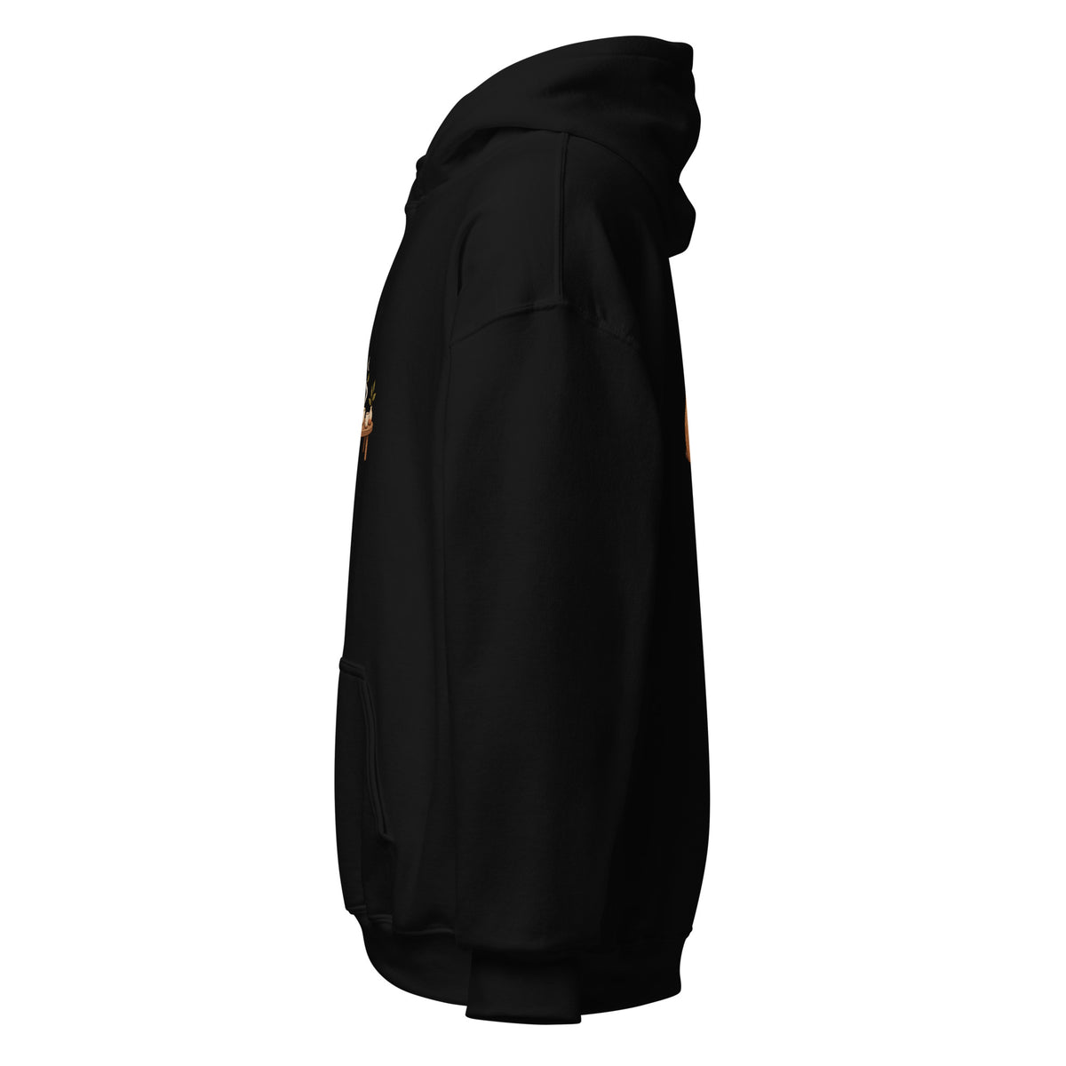 Left-side view of the tea time animal graphic hoodie in black