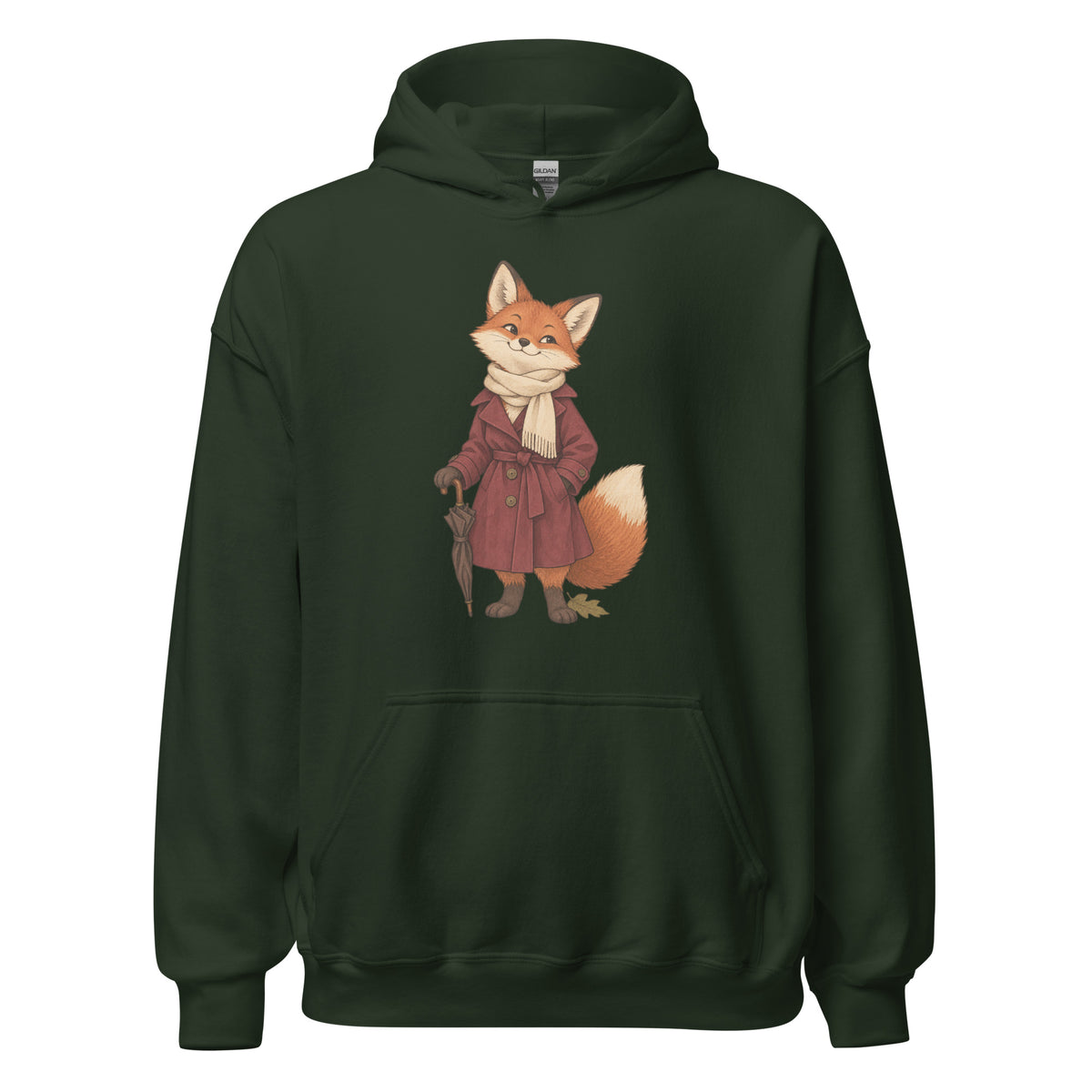 Forest green hoodie front with an orange fox in a burgundy coat and cream scarf