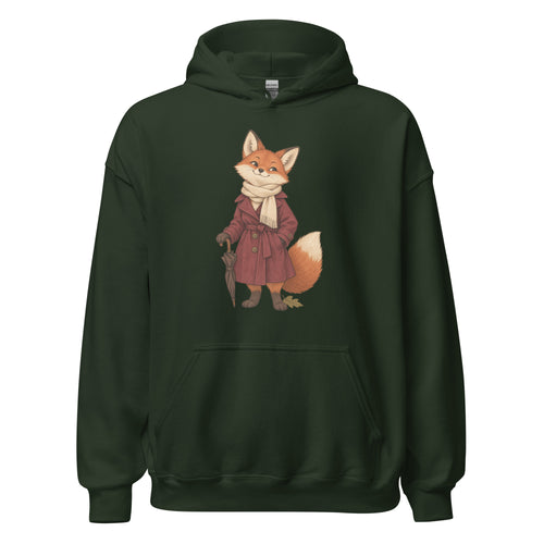Forest green hoodie front with an orange fox in a burgundy coat and cream scarf