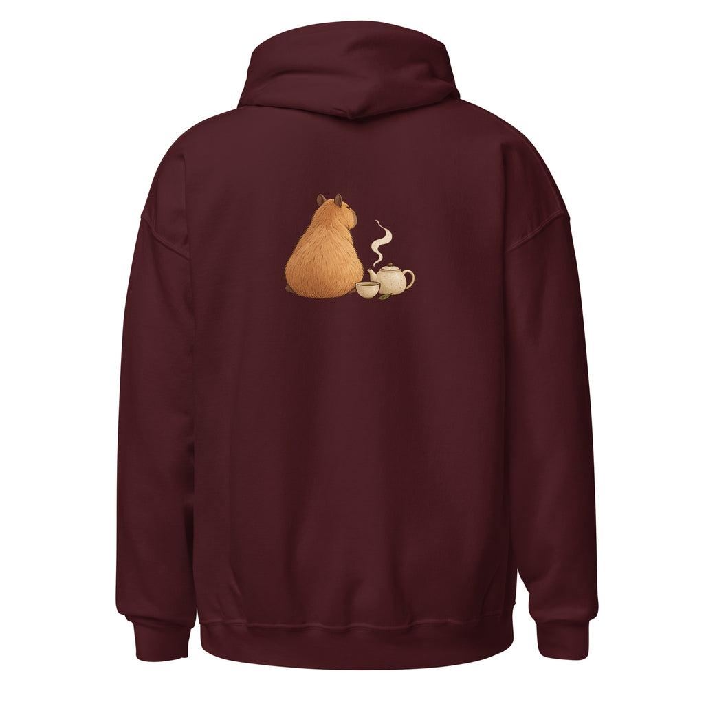 Back view of the tea time animal graphic hoodie in maroon