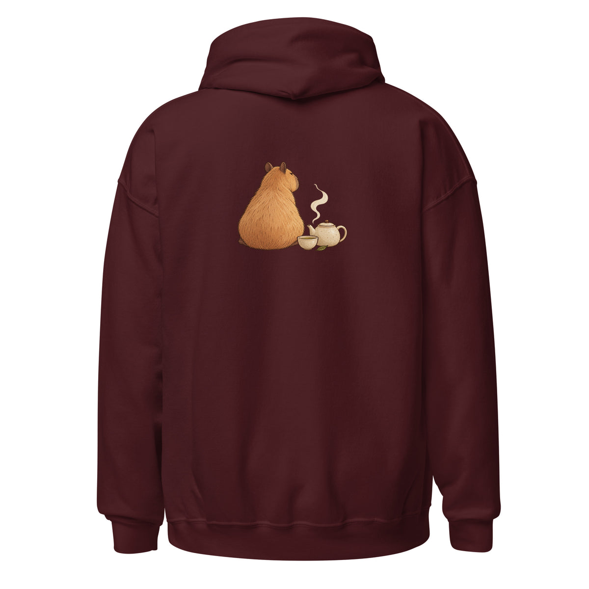 Back view of the tea time animal graphic hoodie in maroon