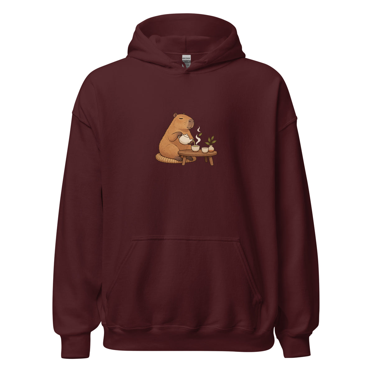 Front view of the tea time animal graphic hoodie in maroon