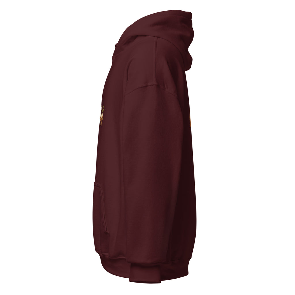 Left-side view of the tea time animal graphic hoodie in maroon