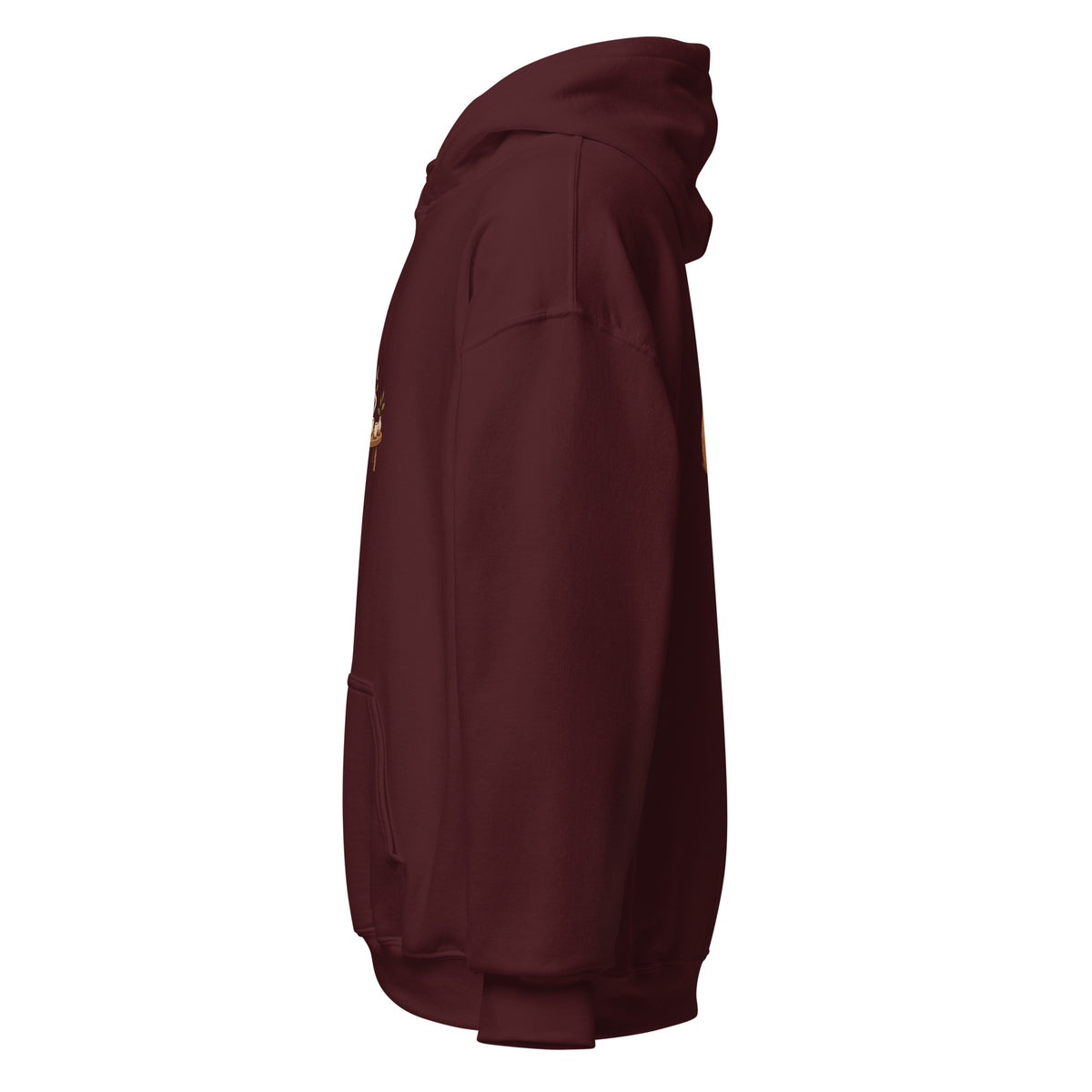 Left-side view of the tea time animal graphic hoodie in maroon