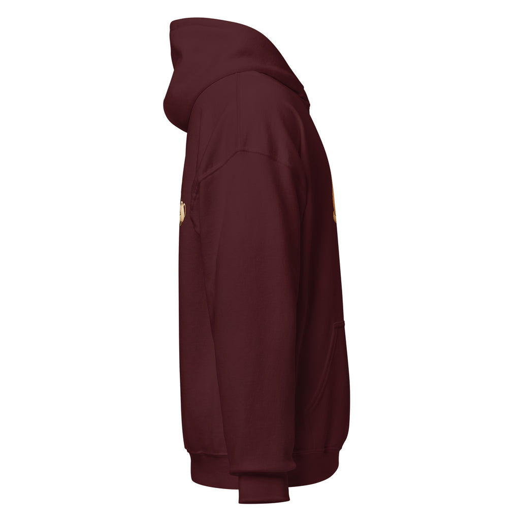 Right-side view of the tea time animal graphic hoodie in maroon