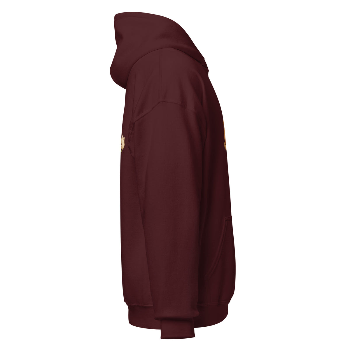 Right-side view of the tea time animal graphic hoodie in maroon