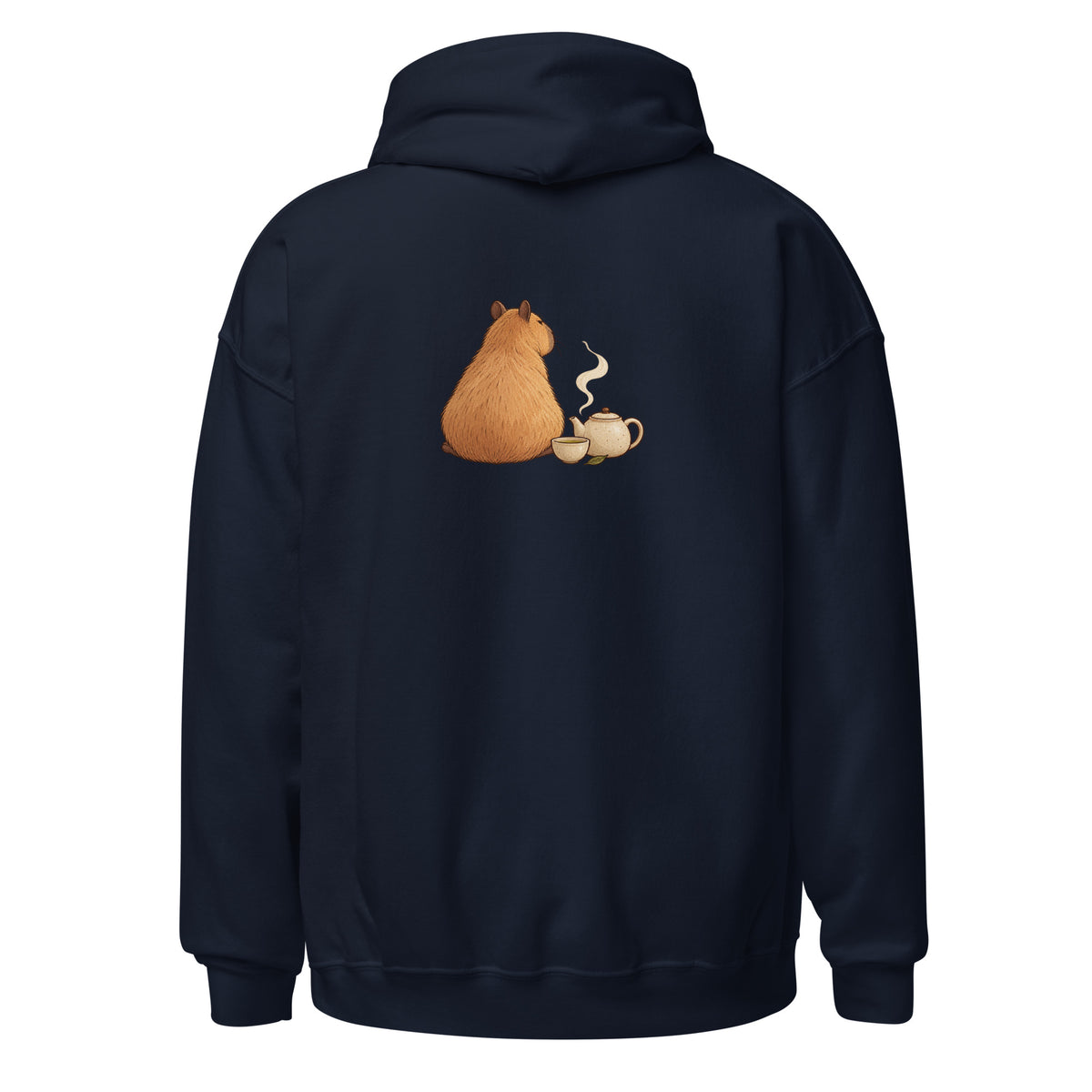 Back view of the tea time animal graphic hoodie in navy