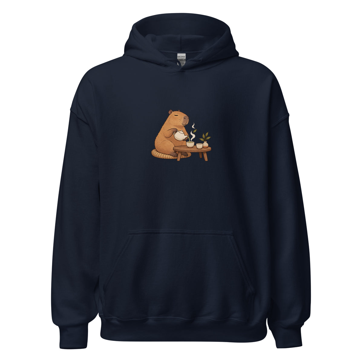 Front view of the tea time animal graphic hoodie in navy