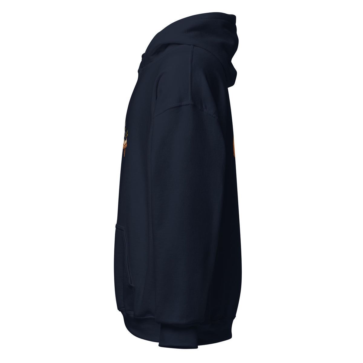 Left-side view of the tea time animal graphic hoodie in navy
