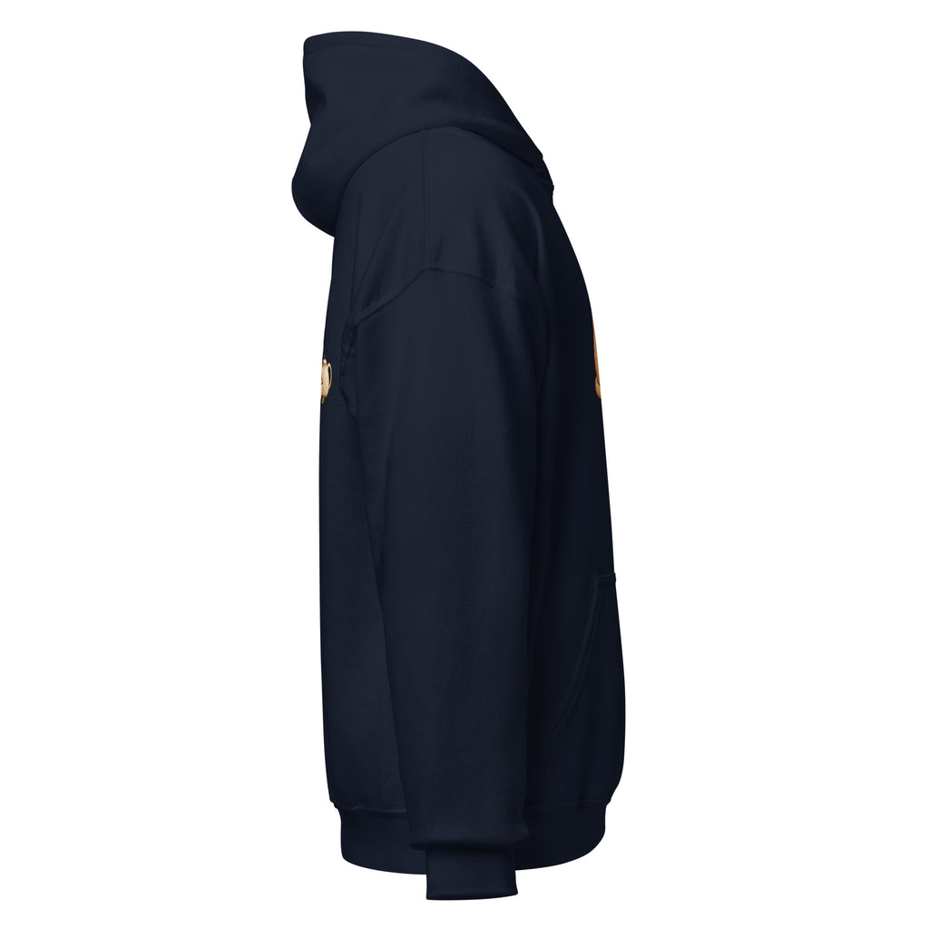 Right-side view of the tea time animal graphic hoodie in navy