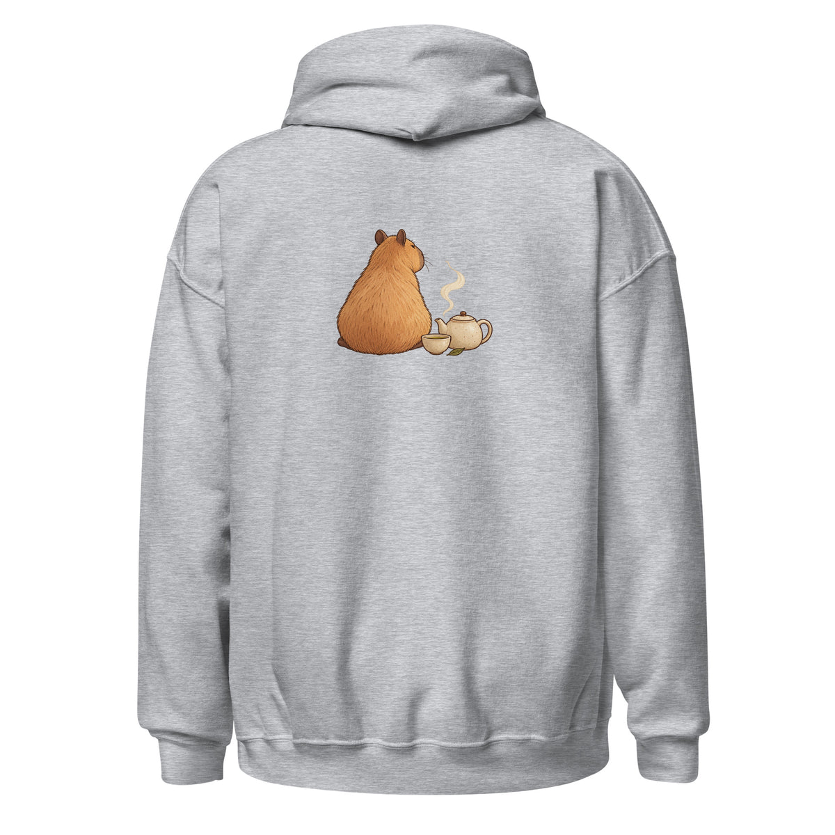 Back view of the tea time animal graphic hoodie in sport grey