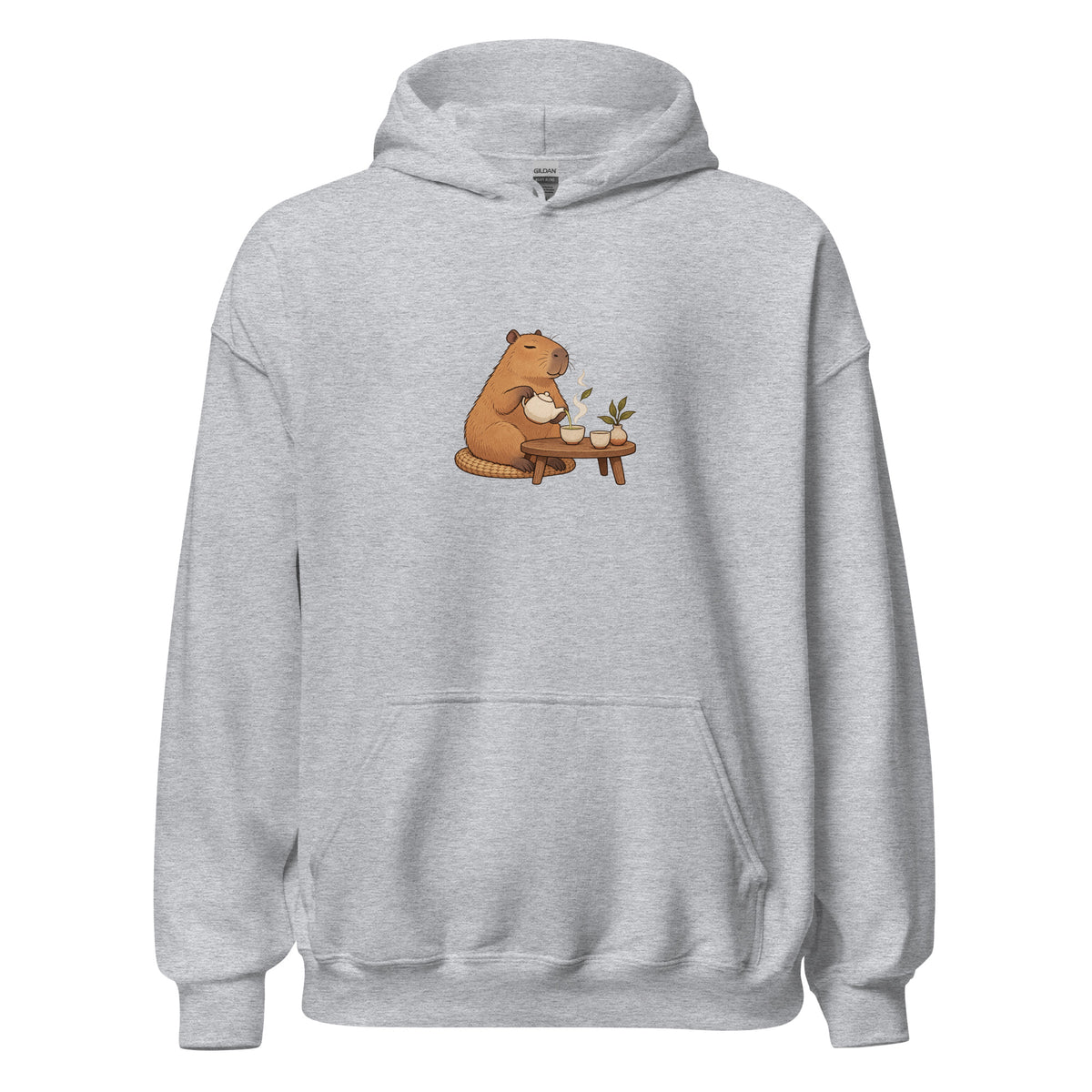 Front view of the tea time animal graphic hoodie in sport grey