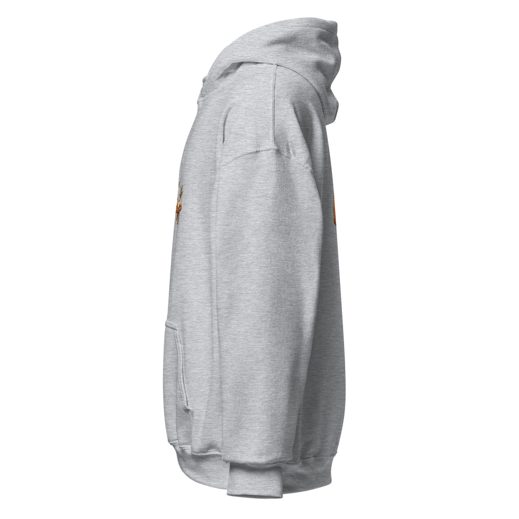 Left-side view of the tea time animal graphic hoodie in sport grey