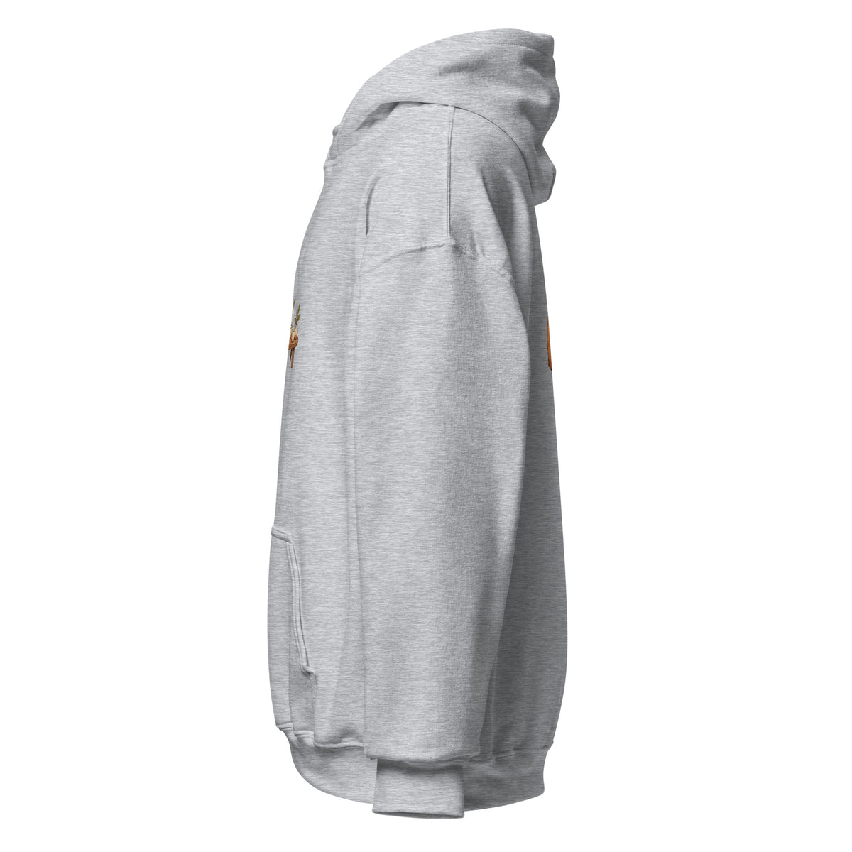Left-side view of the tea time animal graphic hoodie in sport grey
