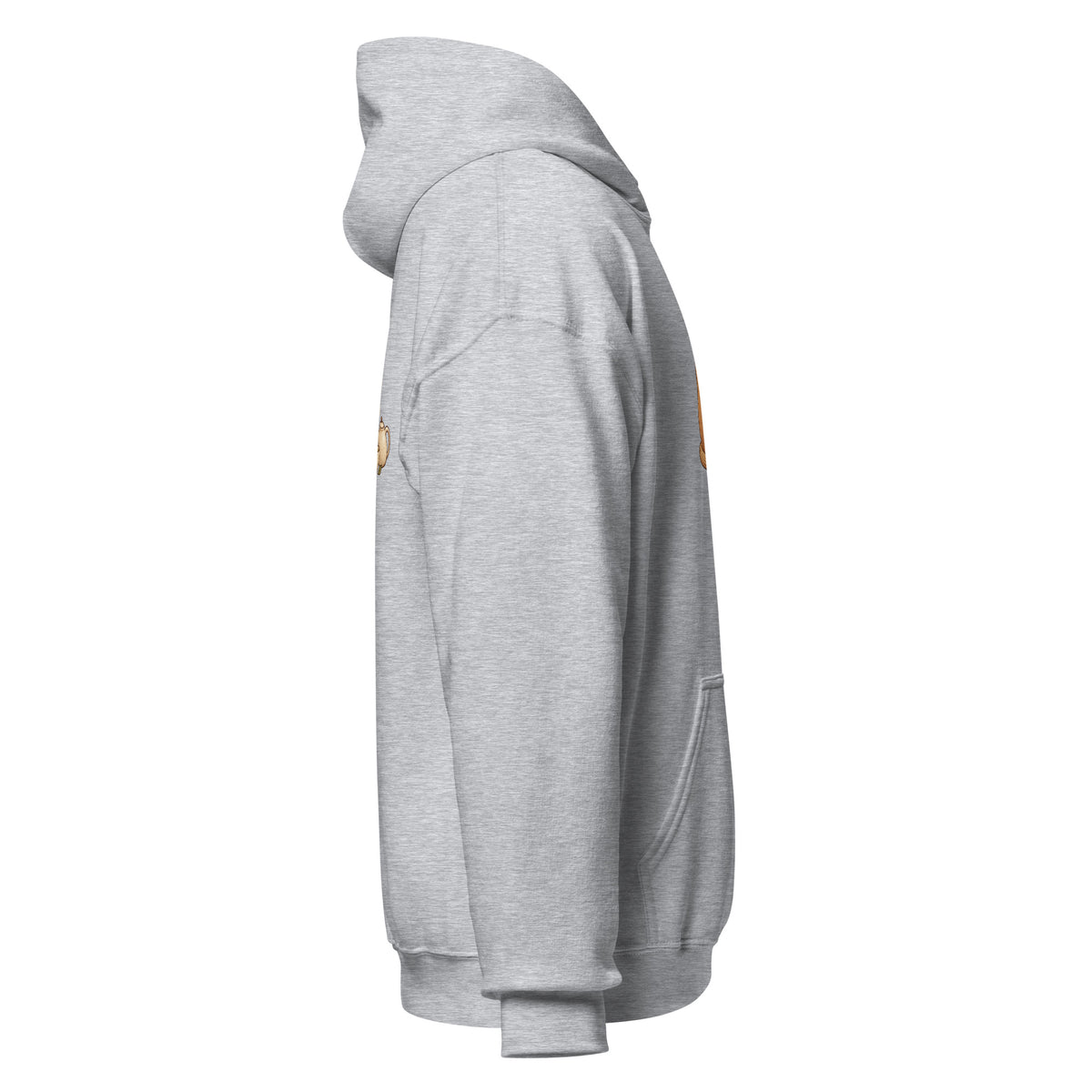 Right-side view of the tea time animal graphic hoodie in sport grey