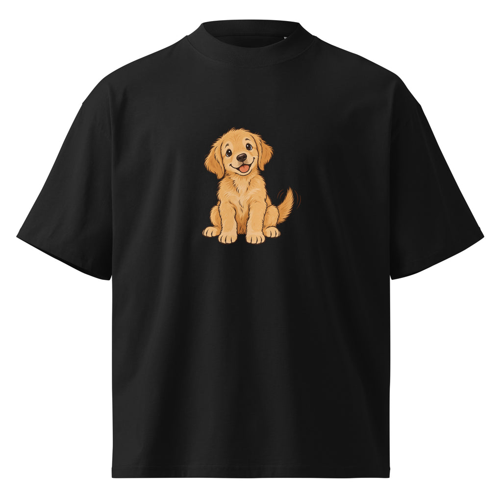 Black oversized high-neck T-shirt with a sitting golden dog illustration