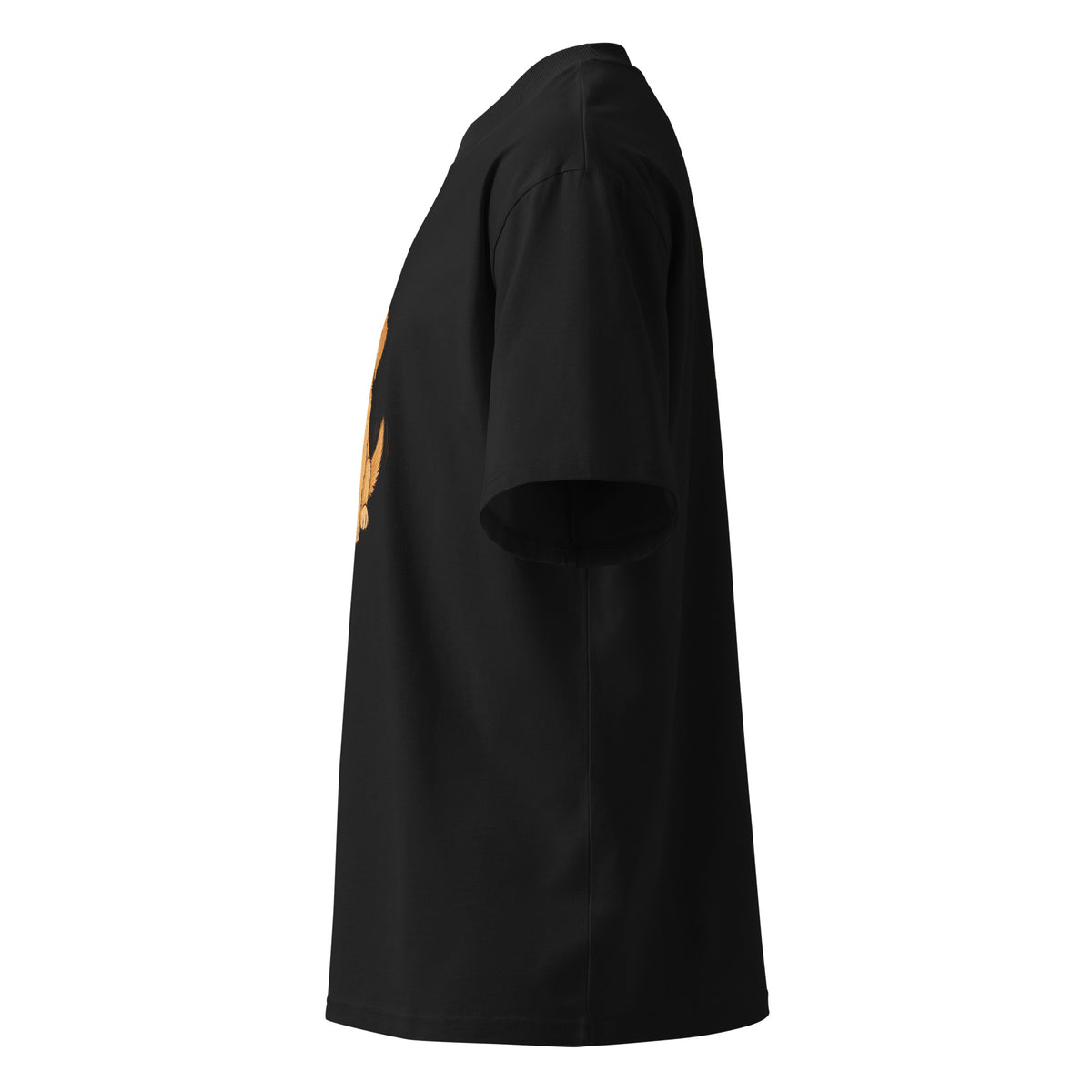 Left-side view of the golden dog oversized organic cotton t-shirt in black