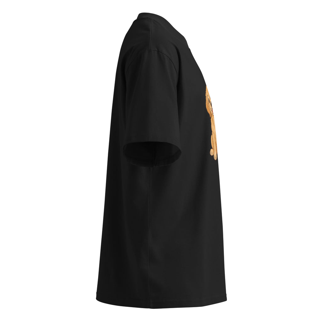 Right-side view of the golden dog oversized organic cotton t-shirt in black