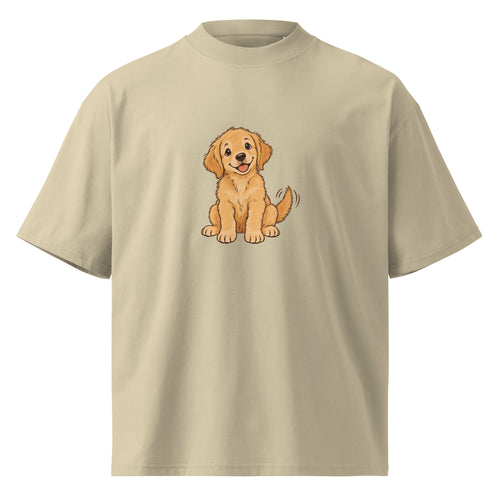 Front view of the golden dog oversized organic cotton t-shirt in stone
