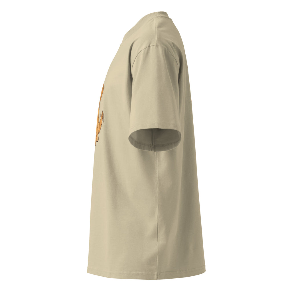 Left-side view of the golden dog oversized organic cotton t-shirt in stone