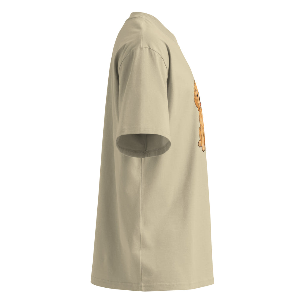 Right-side view of the golden dog oversized organic cotton t-shirt in stone