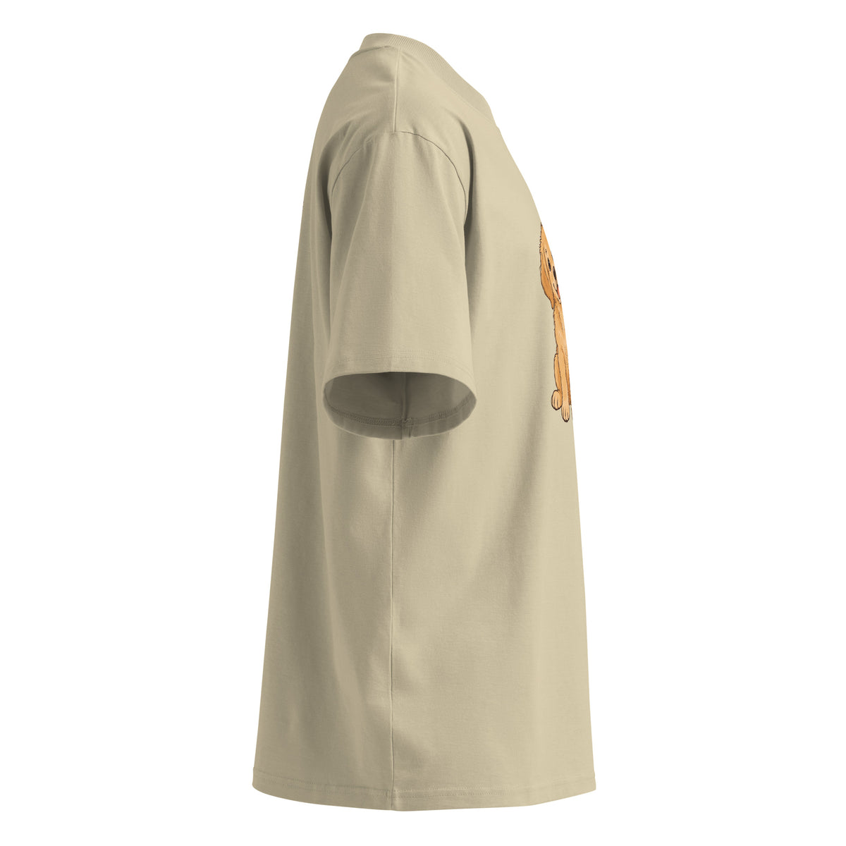 Right-side view of the golden dog oversized organic cotton t-shirt in stone