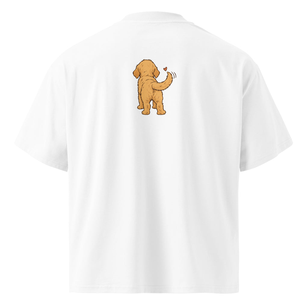 Back view of the golden dog oversized organic cotton t-shirt in white