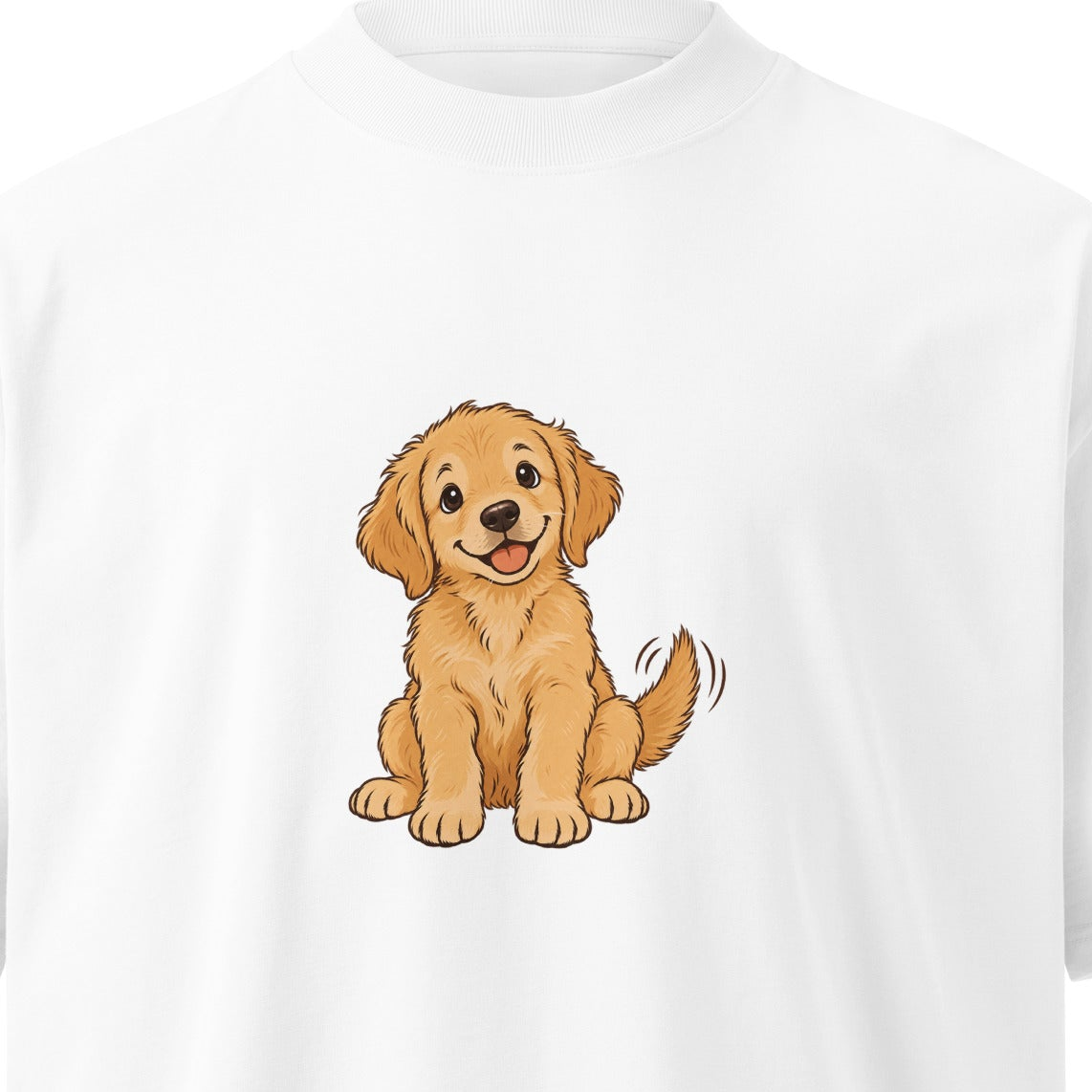Close-up of the original Golden Dog Oversized Organic Cotton T-Shirt front; artwork and garment proportions unchanged. See following photos for full garment and fit.
