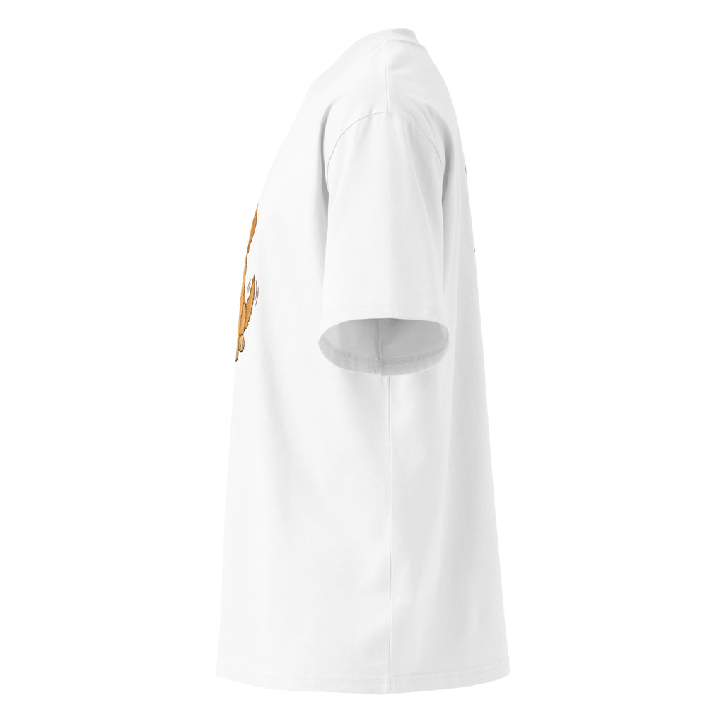 Left-side view of the golden dog oversized organic cotton t-shirt in white