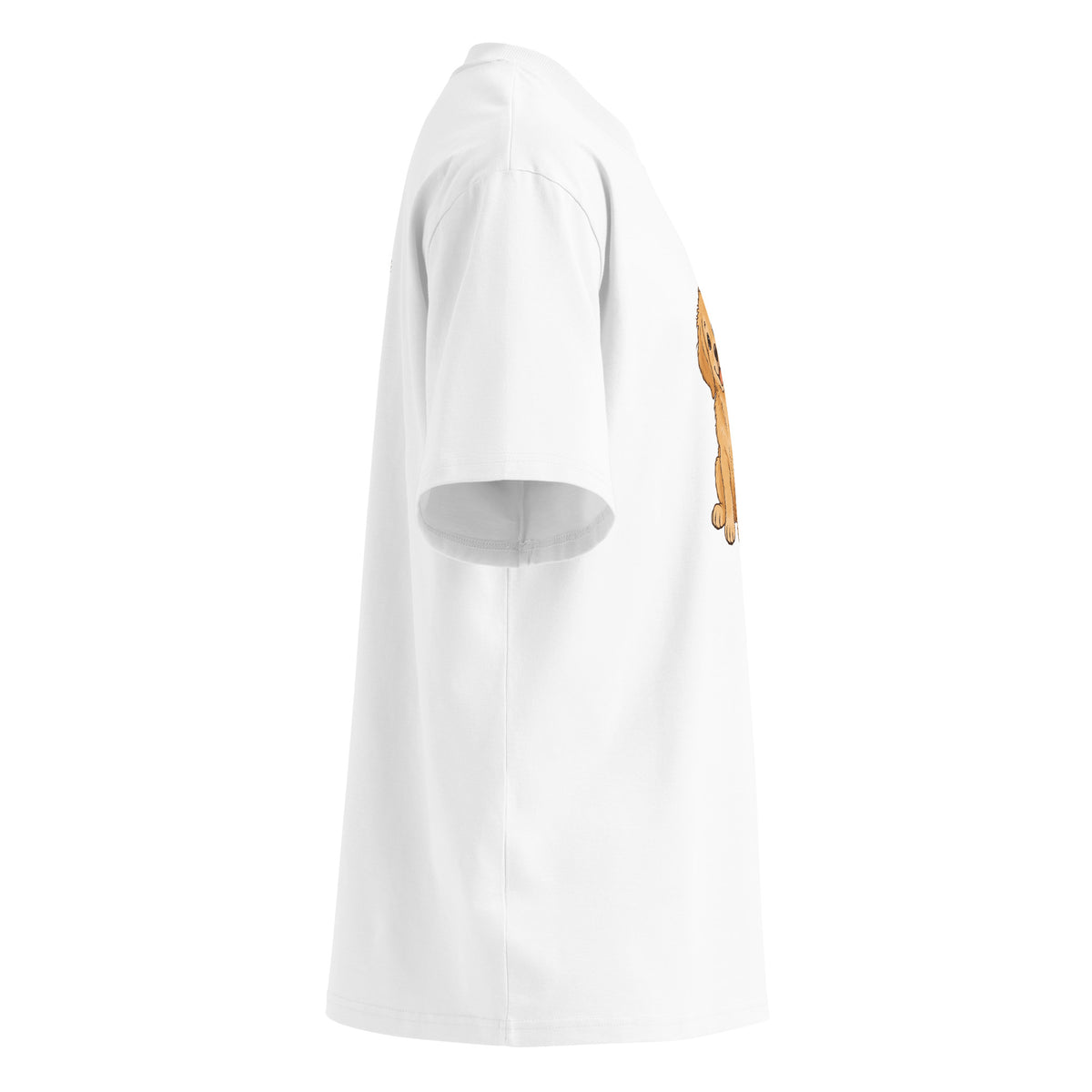 Right-side view of the golden dog oversized organic cotton t-shirt in white