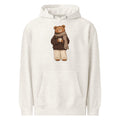 Oatmeal heather hoodie front with a brown bear in a checked scarf holding a mug