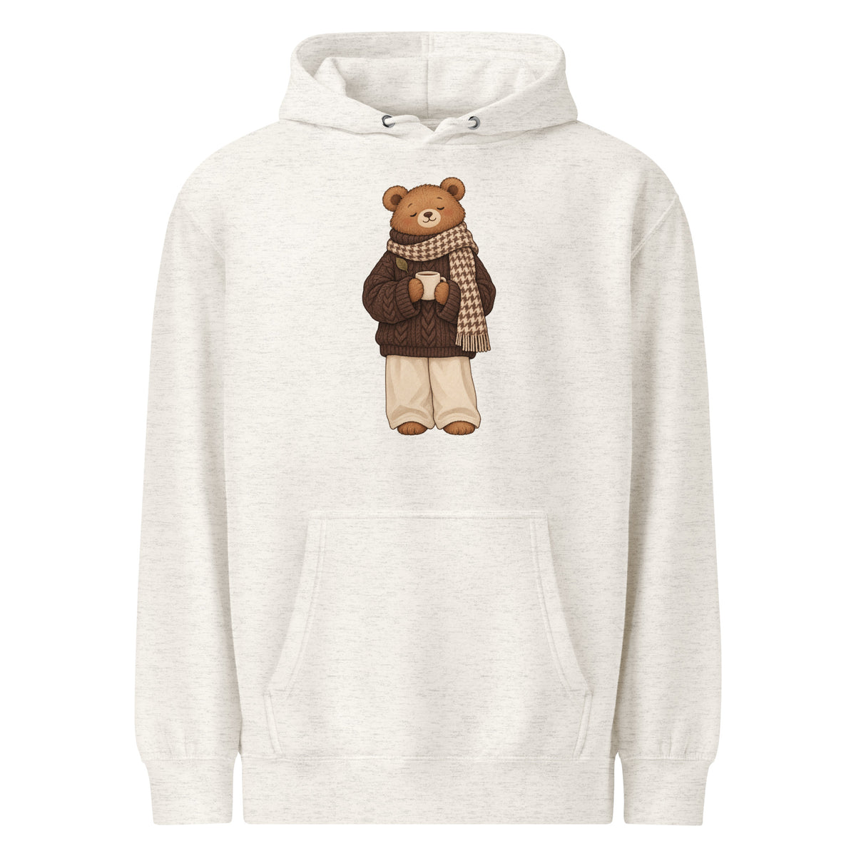 Oatmeal heather hoodie front with a brown bear in a checked scarf holding a mug