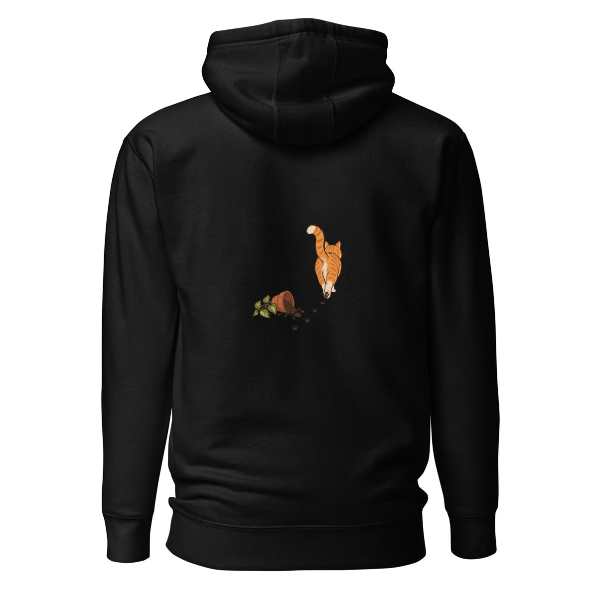 Back view of the orange tabby cat & plant unisex hoodie in black