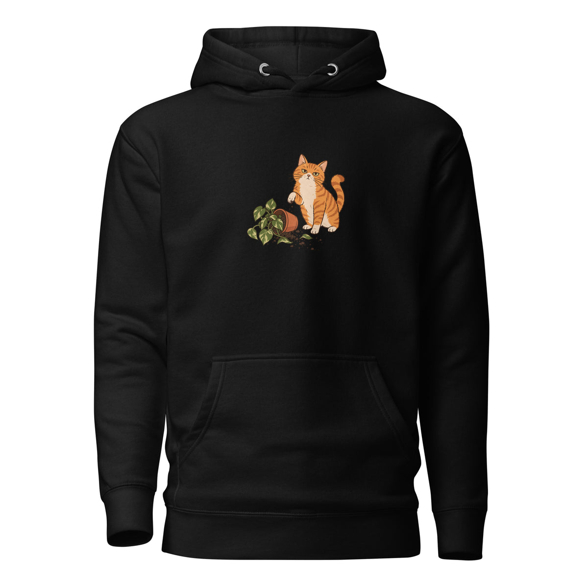 Black pullover hoodie with an orange tabby cat beside an overturned houseplant