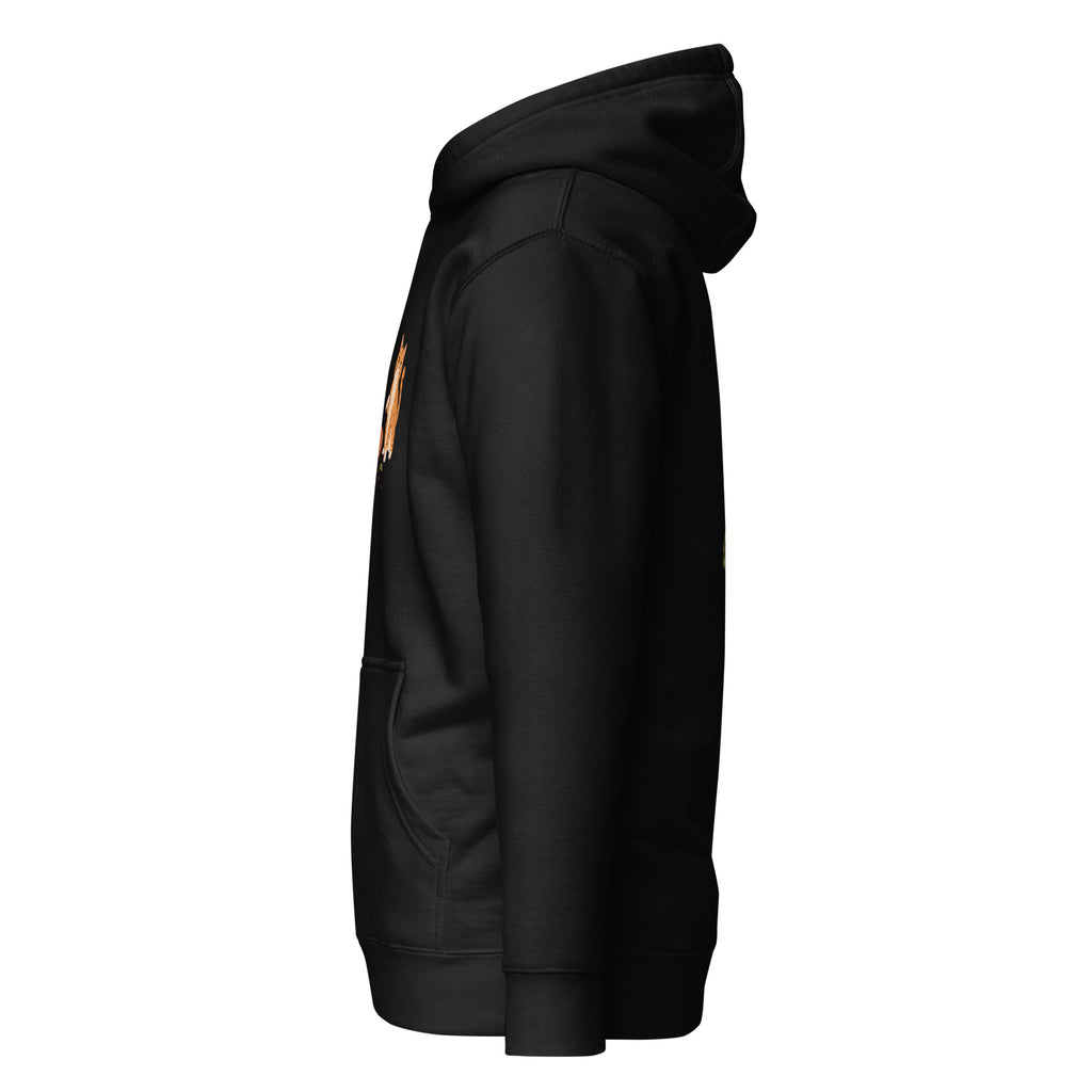 Left-side view of the orange tabby cat & plant unisex hoodie in black