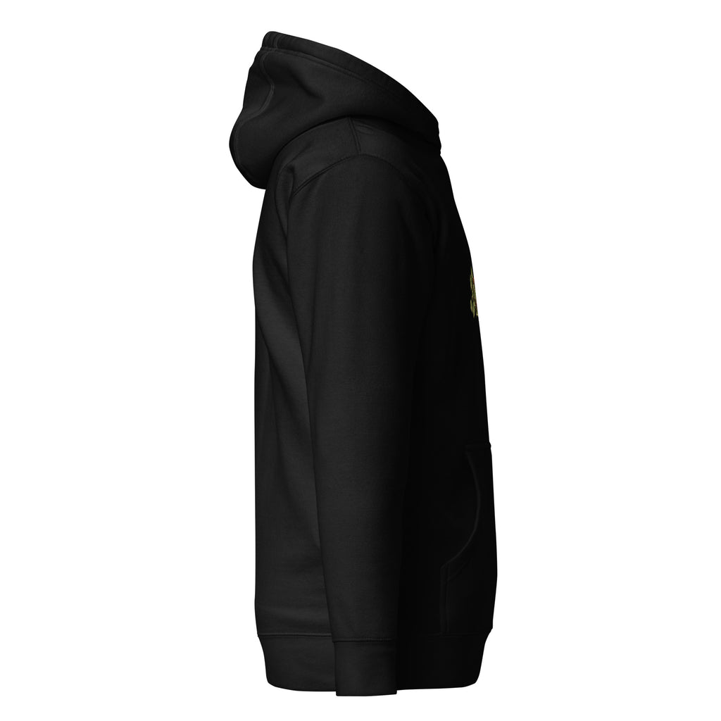 Right-side view of the orange tabby cat & plant unisex hoodie in black