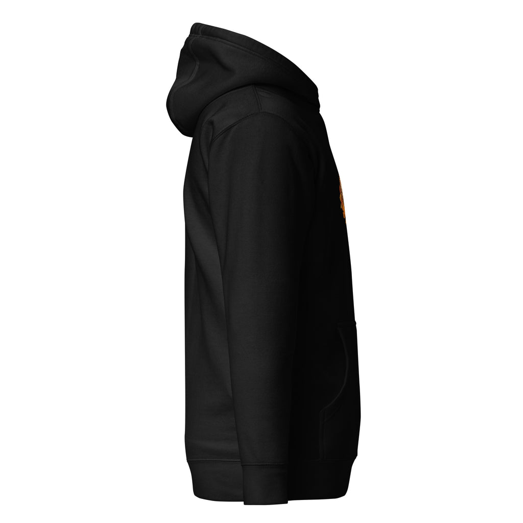 Right-side view of the hedgehog & autumn leaves unisex hoodie in black