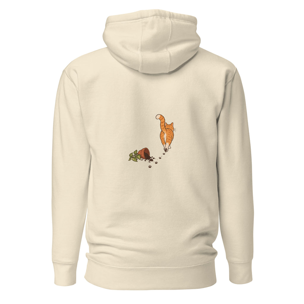 Back view of the orange tabby cat & plant unisex hoodie in bone