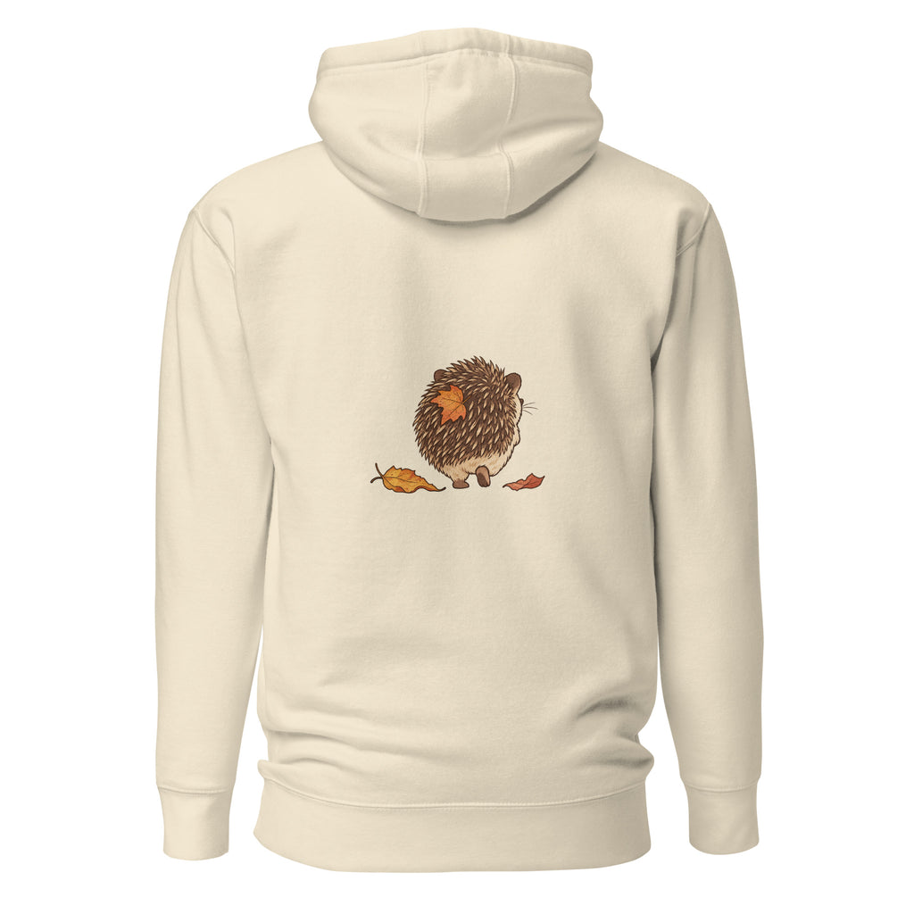 Back view of the hedgehog & autumn leaves unisex hoodie in bone