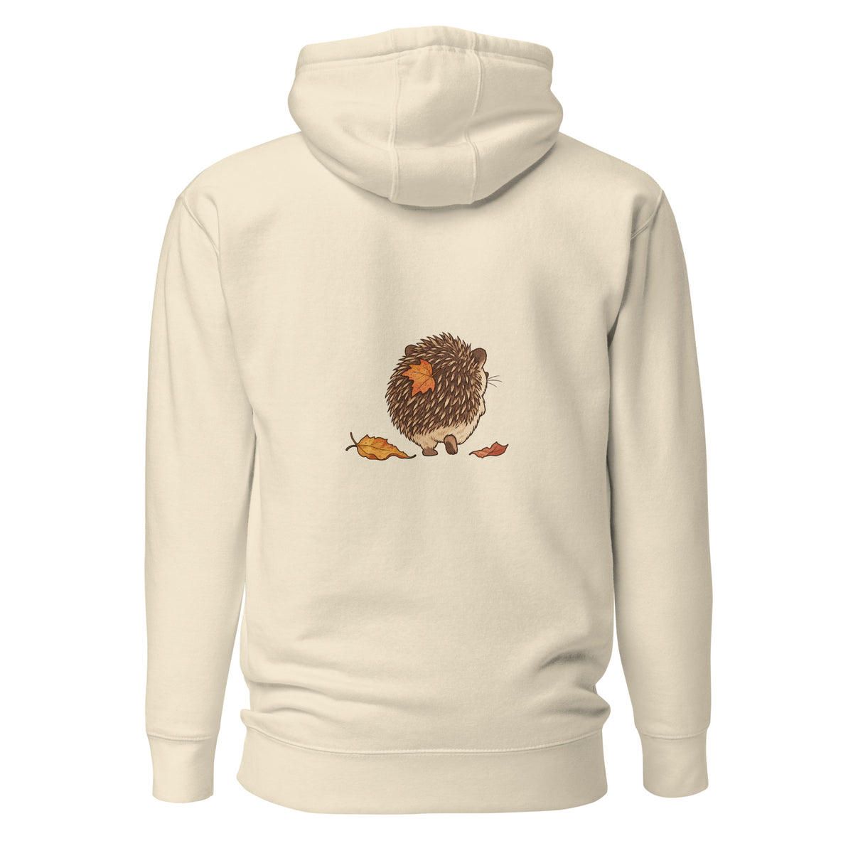 Back view of the hedgehog & autumn leaves unisex hoodie in bone