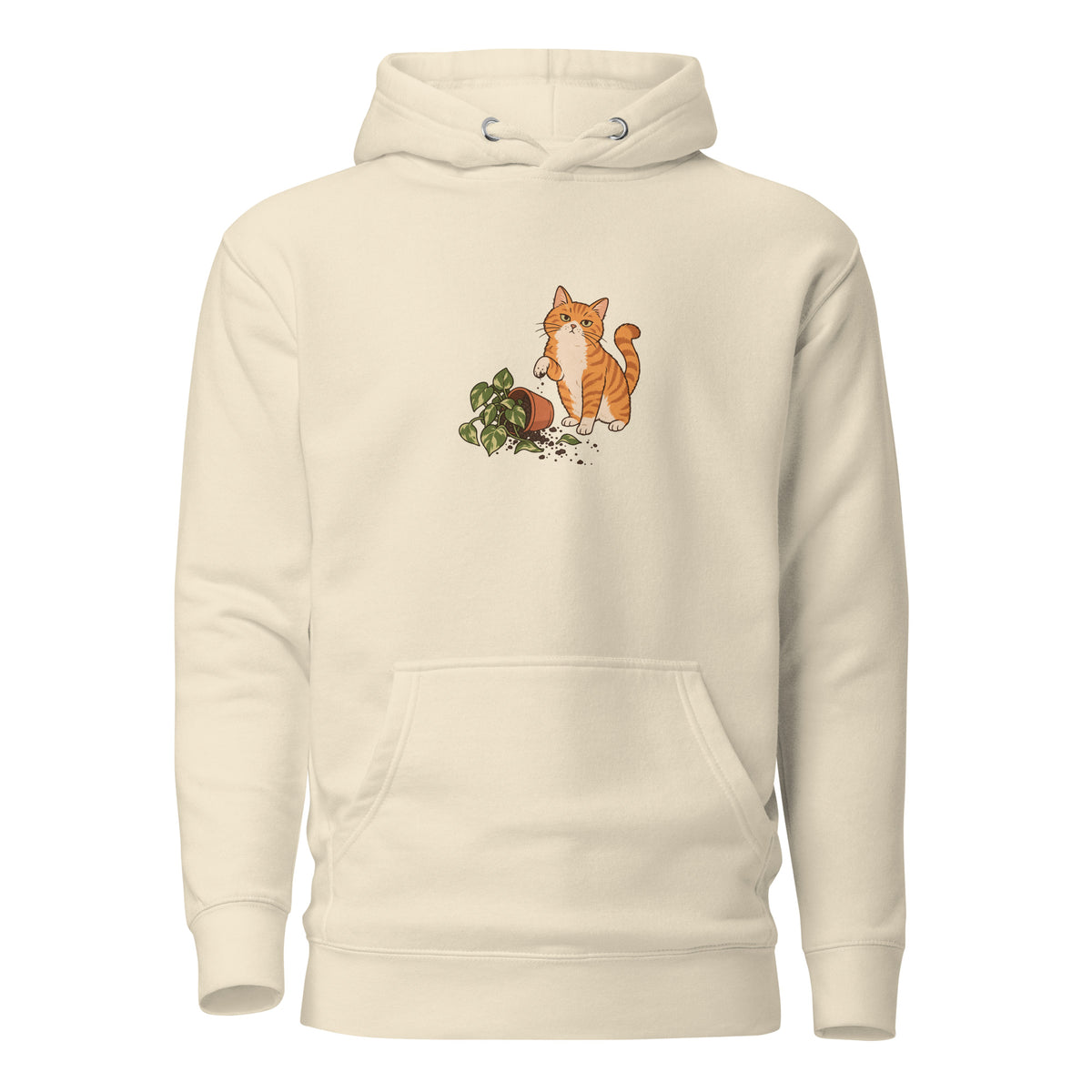 Front view of the orange tabby cat & plant unisex hoodie in bone